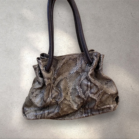 Vtg 90s Authentic Furla Slouchy Brown Python-Embossed Genuine Leather Tote - Picture 1 of 4